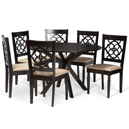 Baxton Studio Sadie Modern and Contemporary Sand Fabric and Dark Brown Finished Wood 7-Piece Dining Set 174-10535-10894-Zoro